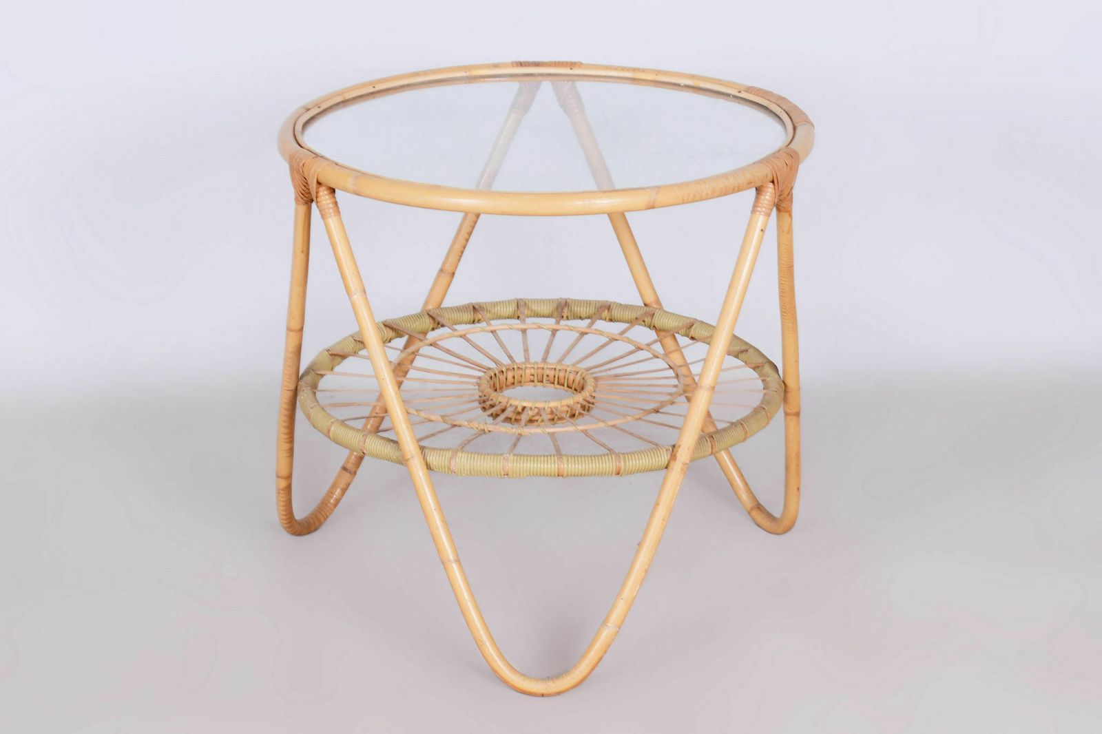 Original Midcentury Small Table, Alan Fuchs, Uluv   Center For Folk Art Production, Rattan, Glass, Czechia, 1940s photo vintage