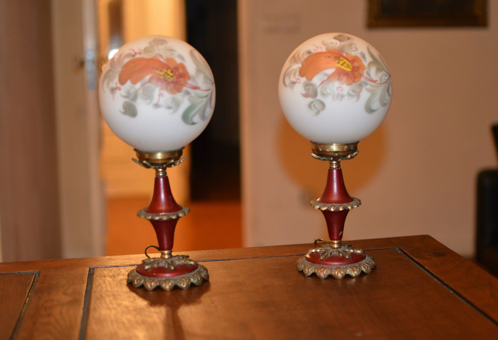 photo for sale Pair Of Vintage Table Lamp Mid Century Hand Paint Glass 1960
