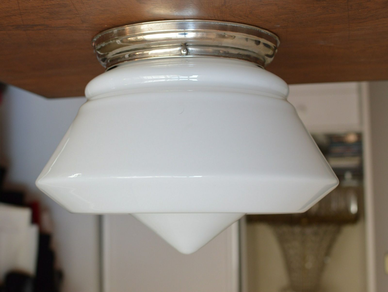 1 Of 10 Art Deco Bauhaus Celiling Lamp. School Art Deco Lamp Opaline Glass