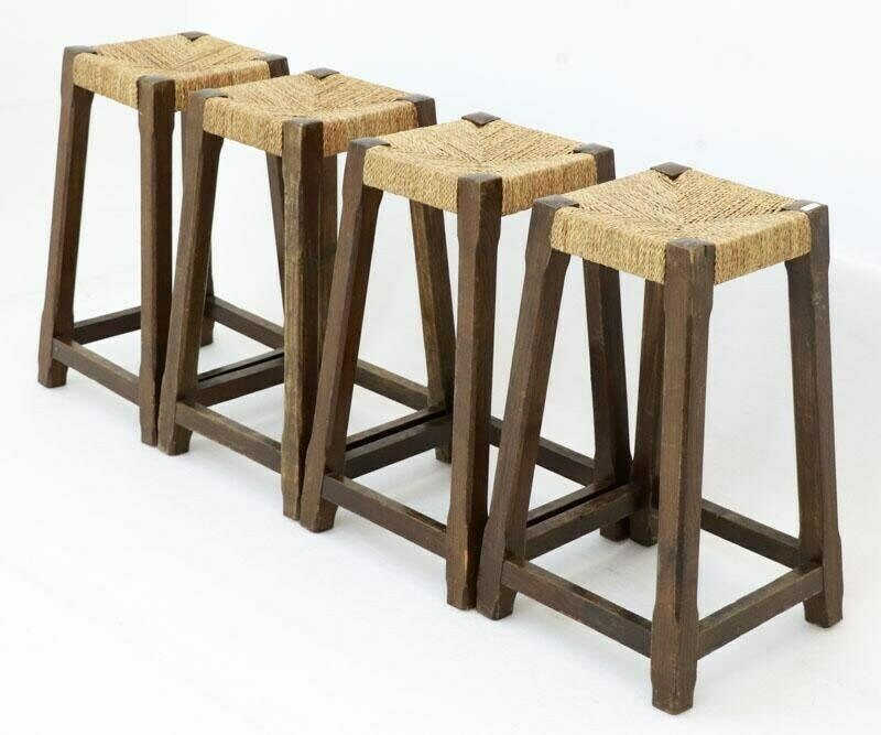 Vintage French Wood Stool . Benches With Brown Wooden Feet And Straw Seats photo furniture