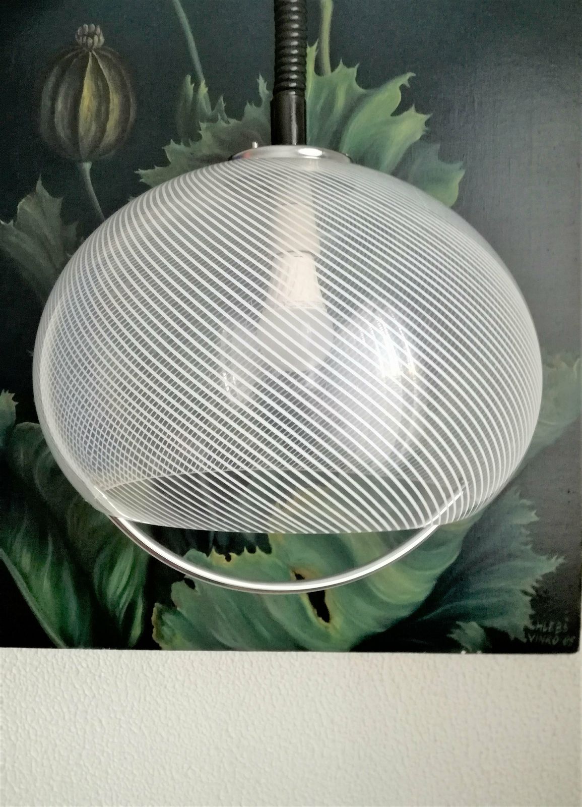photo furniture Vintage Meblo Guzzini Pendant Light Mid Century Modern 60s 70s Italy Transparent With Stripes And Chrome Arch