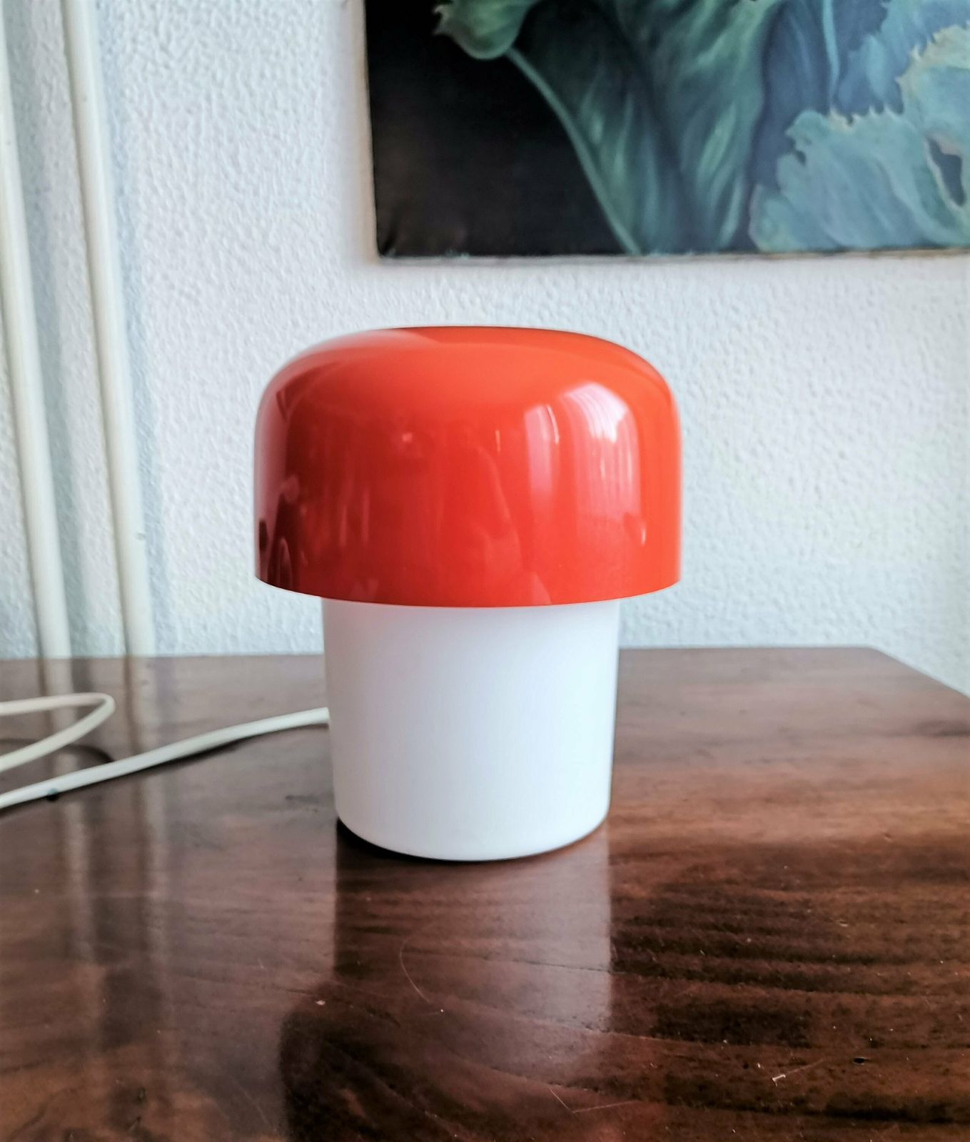 Mid Century Orange Red Mushroom Table Lamp Designed By Harvey Guzzini Made By Meblo Yugoslavia Bedside Light Midcentury Modern photo furniture