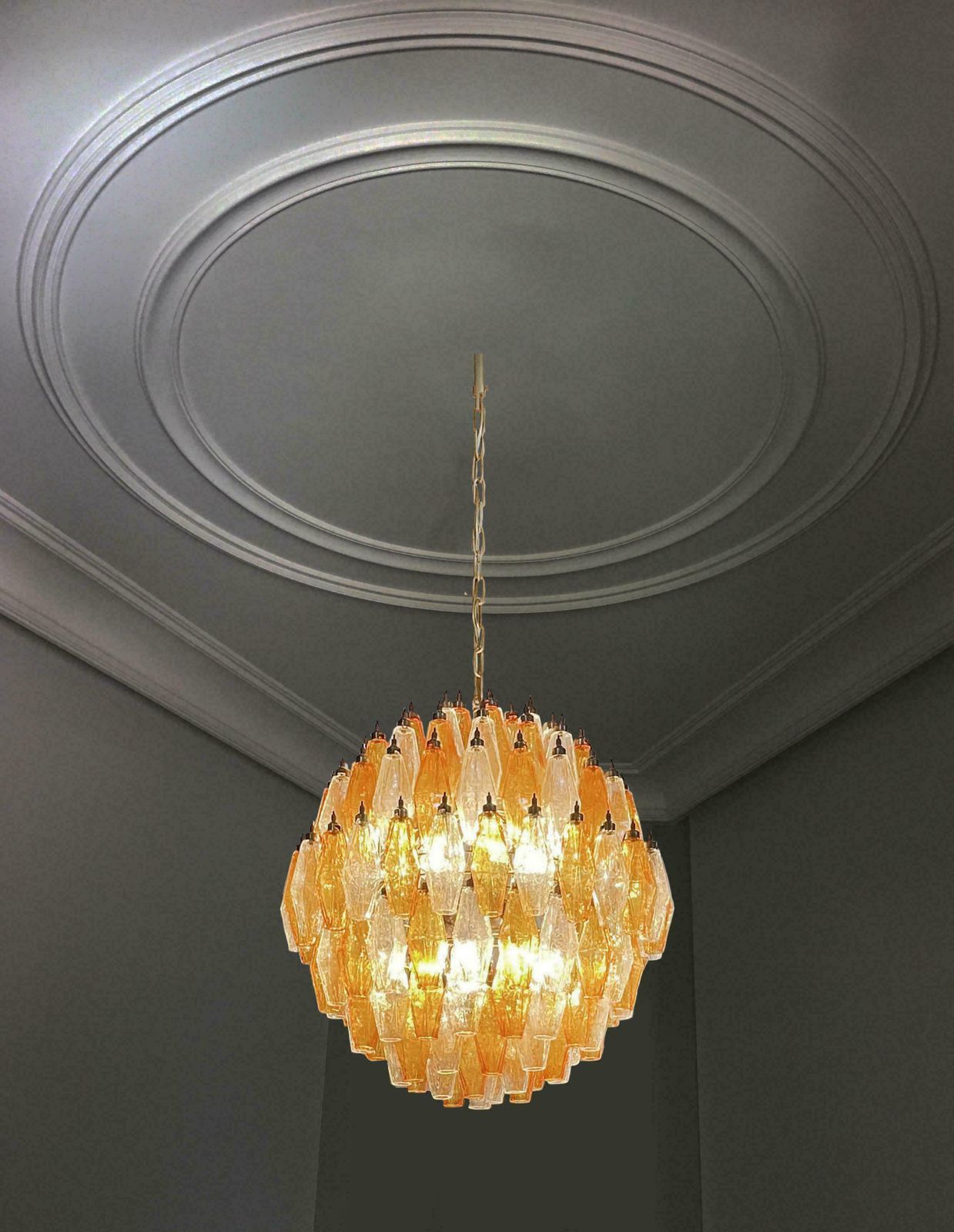 photo for sale Gorgeous Spherical Murano Poliedri Chandeliers 140 Amber And Clear Poliedri