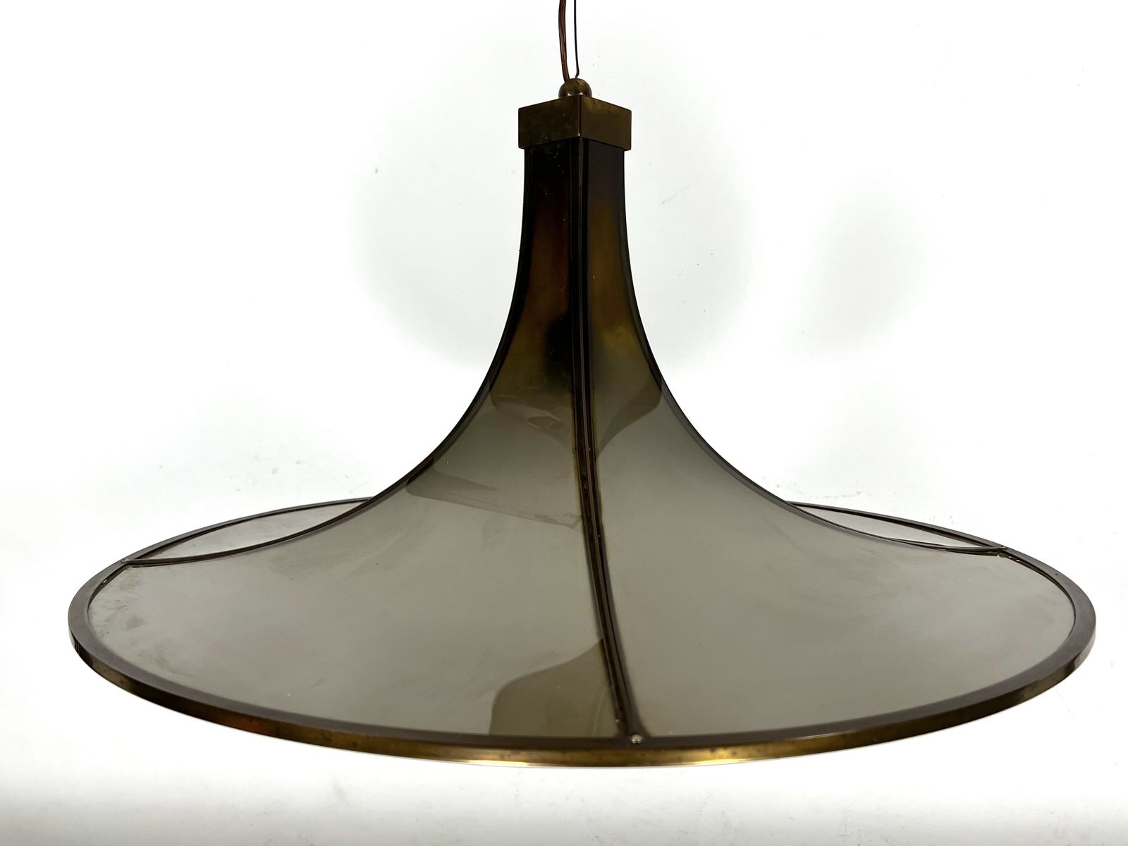 Mid Century Large Brass And Curved Glass Esperia Chandelier Model Pagoda. 1960s photo vinterior