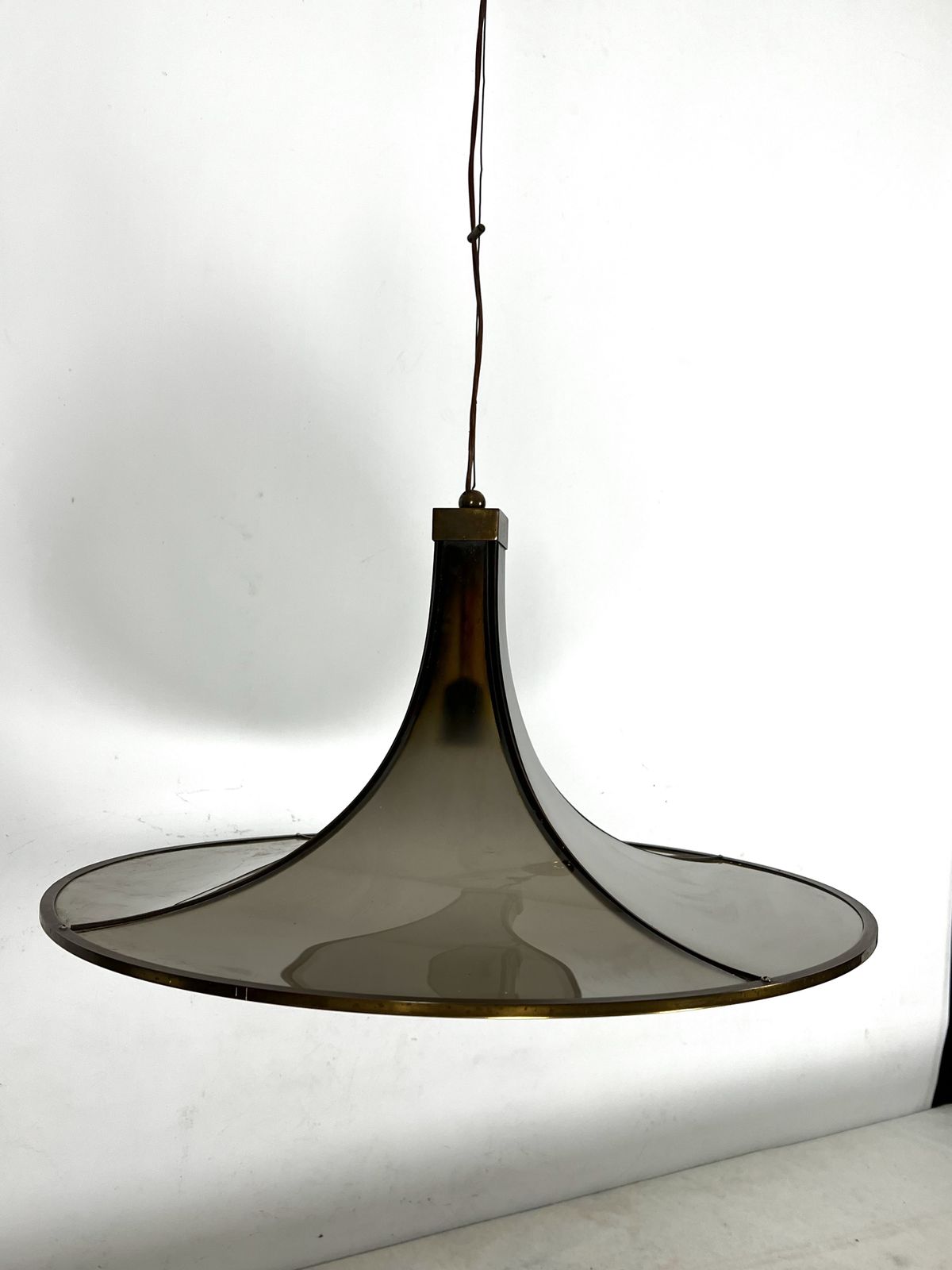Mid Century Large Brass And Curved Glass Esperia Chandelier Model Pagoda. 1960s photo vintage