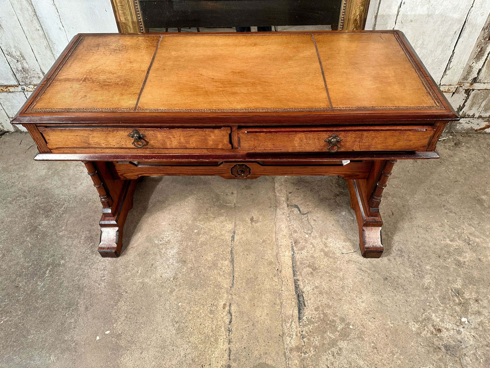 Rare Howard & Sons Stunning Quarter Sawn Oak & Baltic Pitch Pine Tooled Leather Aesthetic Movement Writing Desk/Console Circa 1870 photo buy
