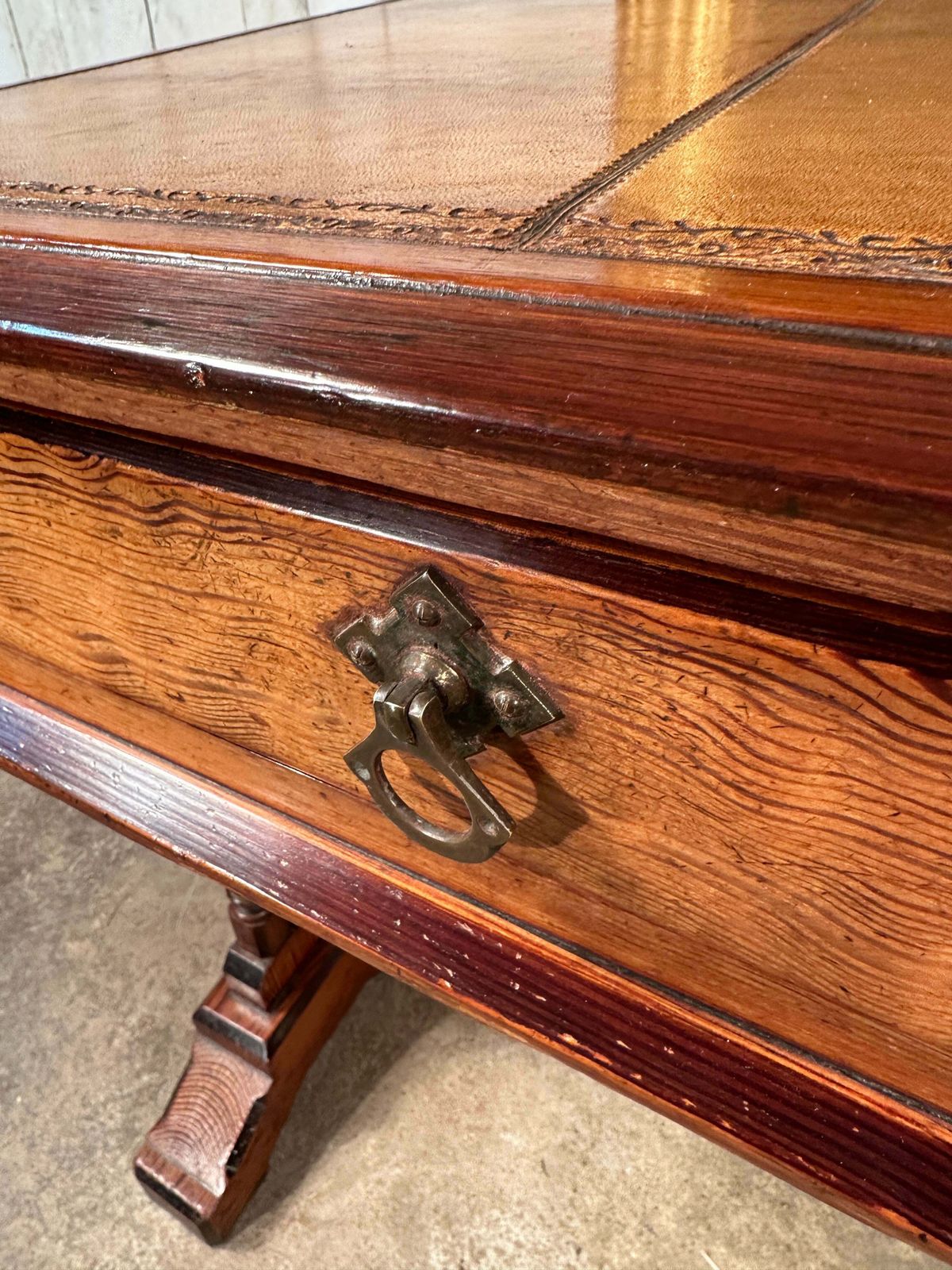 photo for sale Rare Howard & Sons Stunning Quarter Sawn Oak & Baltic Pitch Pine Tooled Leather Aesthetic Movement Writing Desk/Console Circa 1870