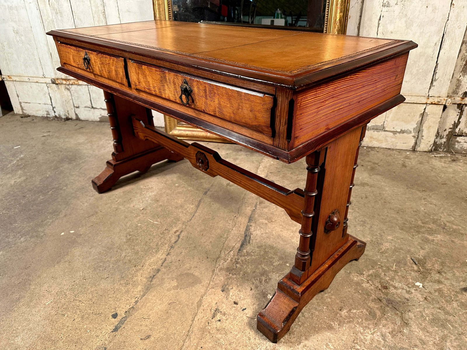 Furniture Rare Howard & Sons Stunning Quarter Sawn Oak & Baltic Pitch Pine Tooled Leather Aesthetic Movement Writing Desk/Console Circa 1870 photo