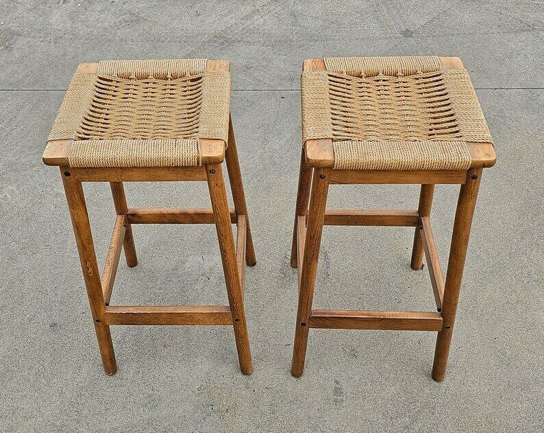 Pair Of Mid Century Modern Bar Stools Done In Wood With Danish Paper Cord Seats In Manner Of Hans J. Wegner // Made In Yugoslavia In 1960s photo 1500.0