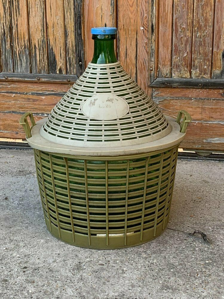 Mid Century Glass Demijohn In Plastic Basket photo Home Decor
