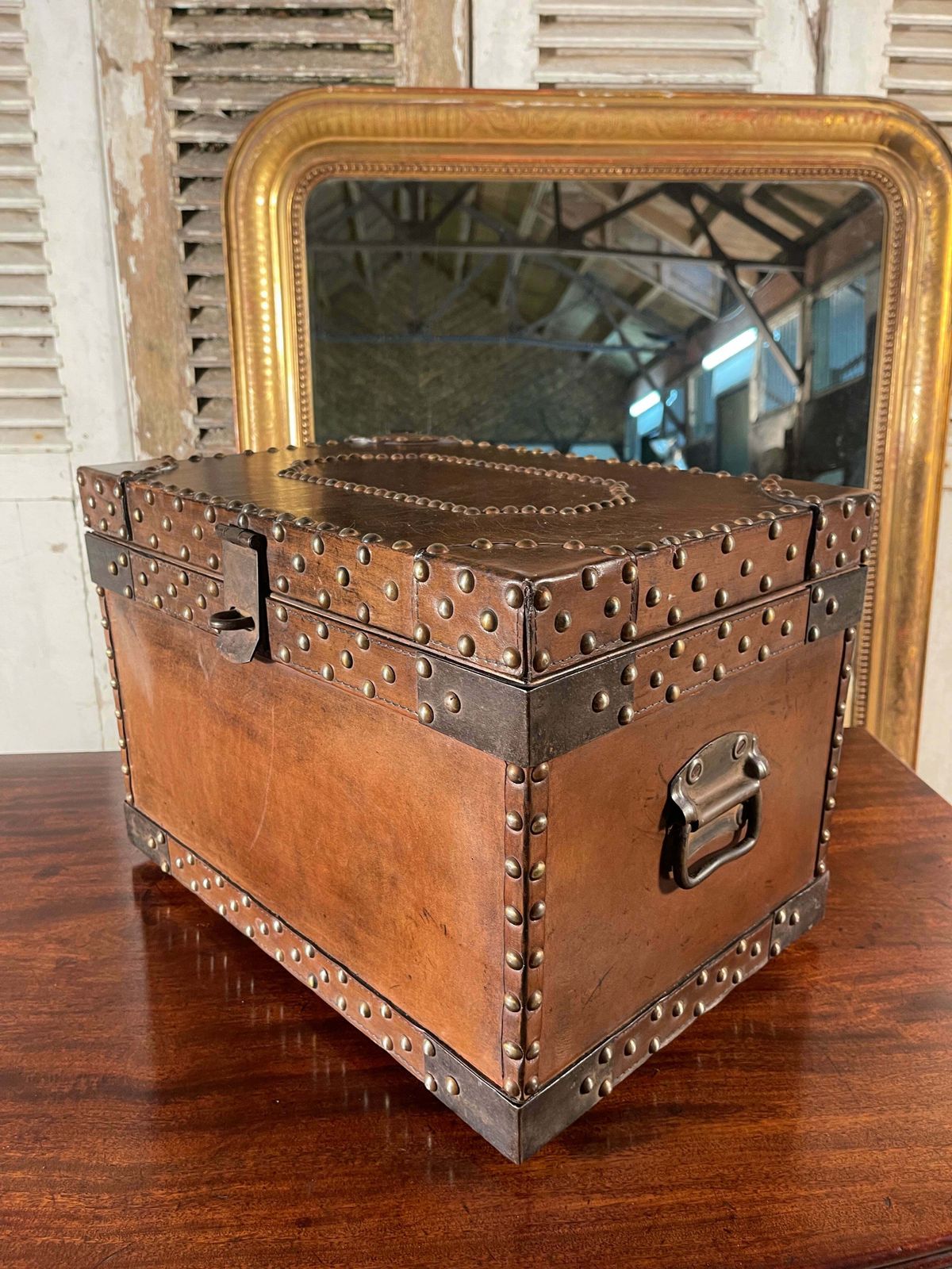 Antique Studded Leather Bound Antique Strong Box Chest Trunk Coffee Table