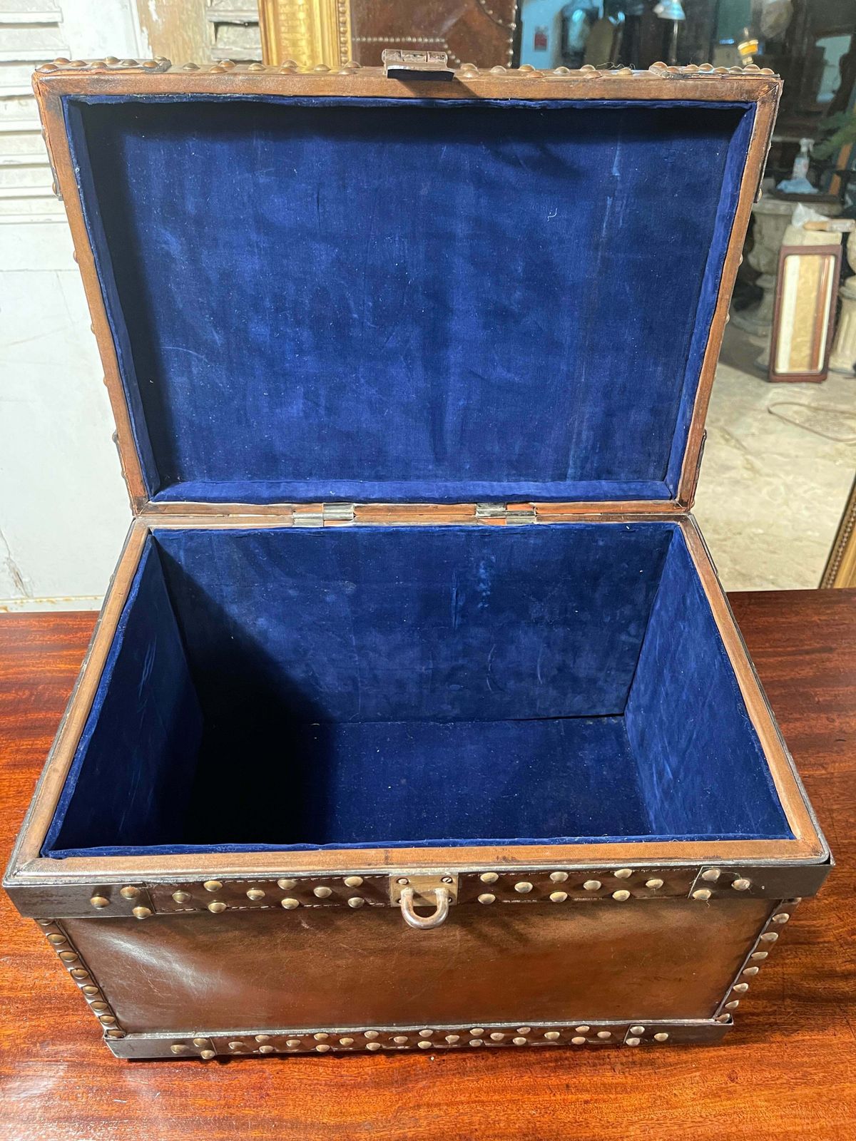 Antique Studded Leather Bound Antique Strong Box Chest Trunk Coffee Table photo furniture