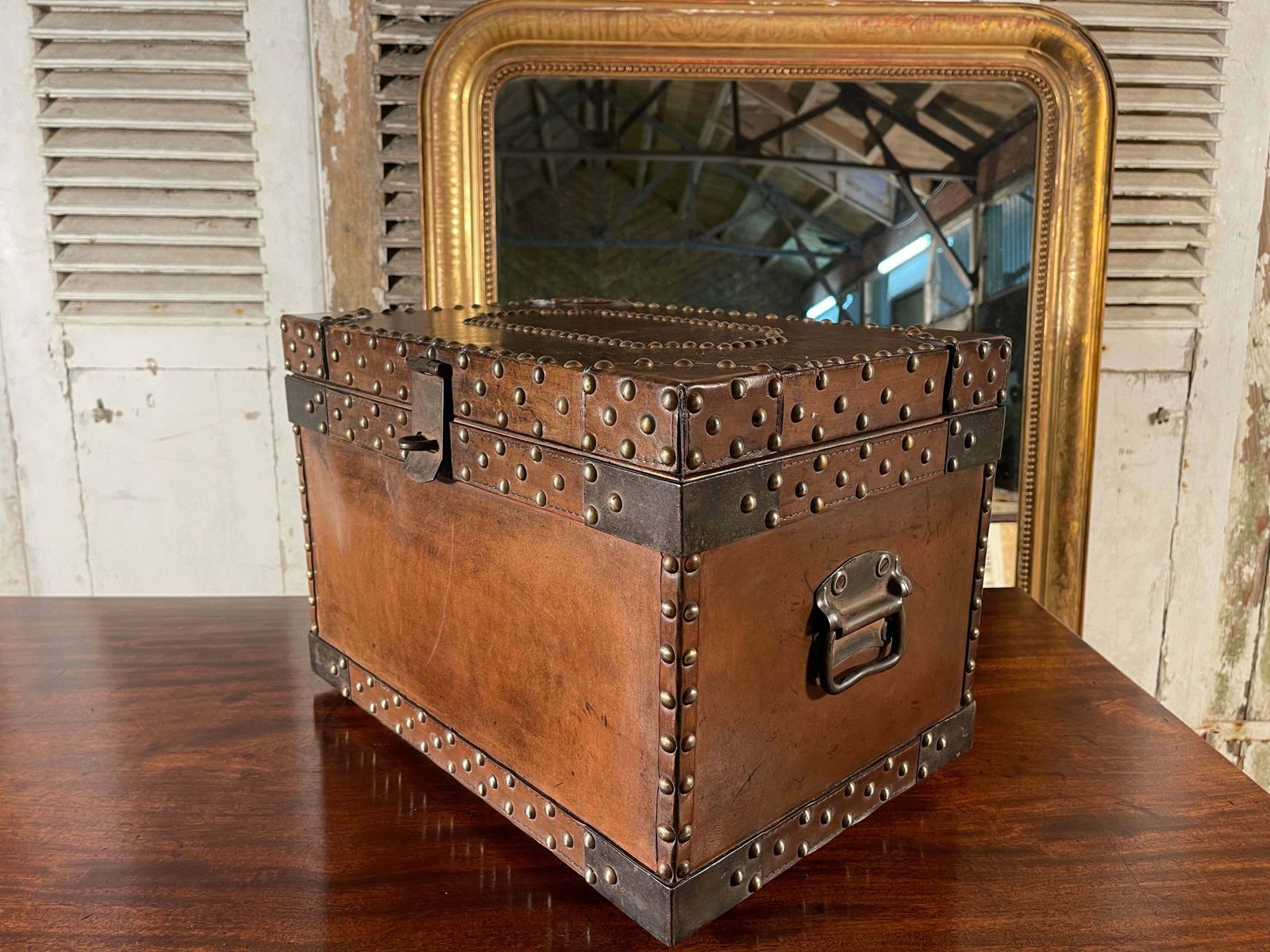 Antique Studded Leather Bound Antique Strong Box Chest Trunk Coffee Table photo buy