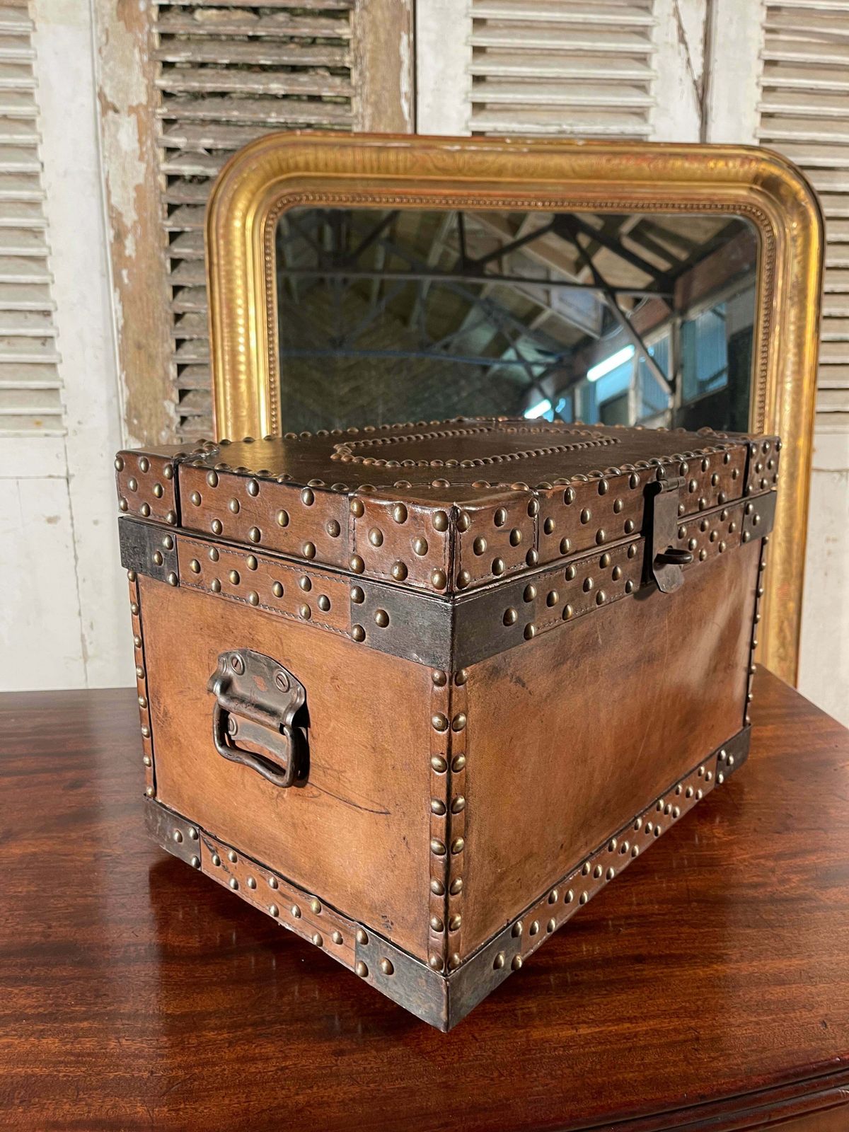Antique Studded Leather Bound Antique Strong Box Chest Trunk Coffee Table photo vintage
