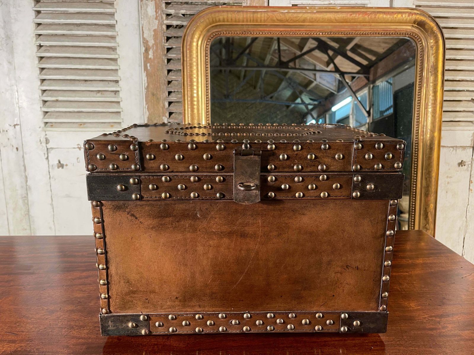 photo for sale Antique Studded Leather Bound Antique Strong Box Chest Trunk Coffee Table