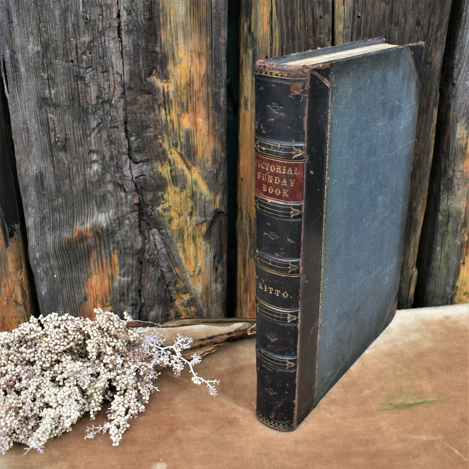 Antique 1873 Pictorial Sunday John Kitta Illustrated Prints Half Leather Book