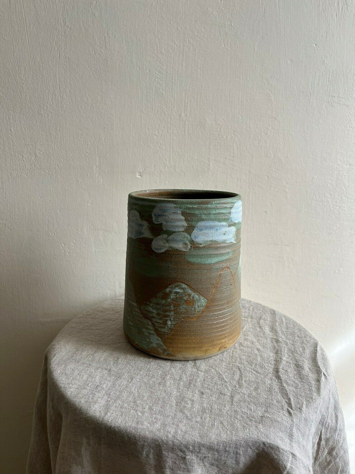 Studio Pottery Hand Painted Pot Caddy Or Vase With Mountain Hill Scene And Clouds Mid Century C. 1960 1970 photo for sale