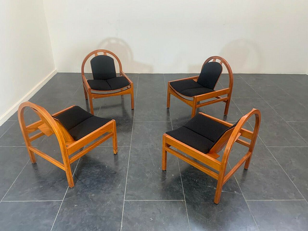4 Argos Armchairs In Beech And Black Fabric By Baumann, 1980s photo for sale