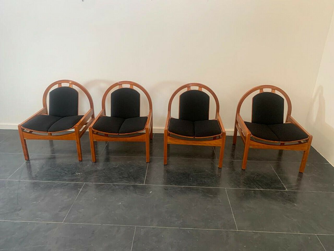 4 Argos Armchairs In Beech And Black Fabric By Baumann, 1980s photo 2679.0