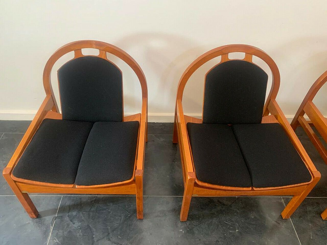 photo vintage 4 Argos Armchairs In Beech And Black Fabric By Baumann, 1980s
