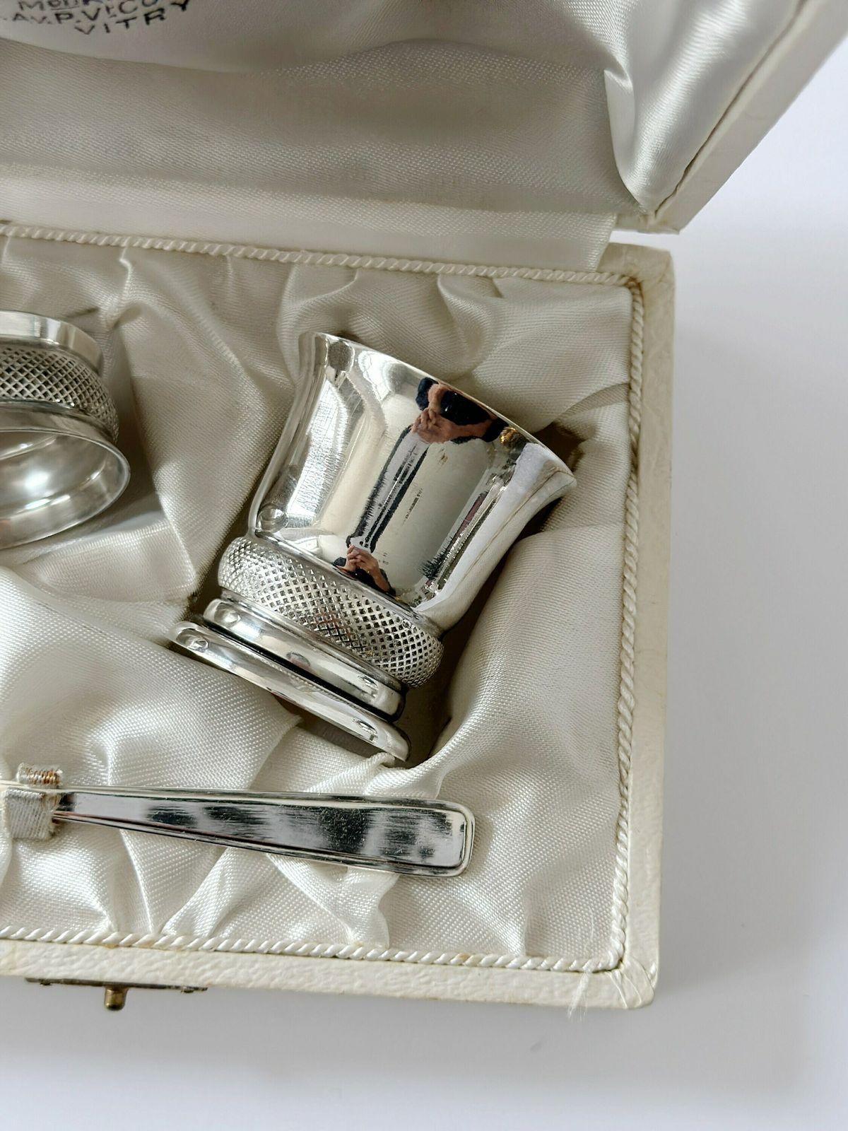 Vintage Silver Plated Baptism Gift Box. Napkin Ring, Spoon, Tumbler For Baptism photo for sale