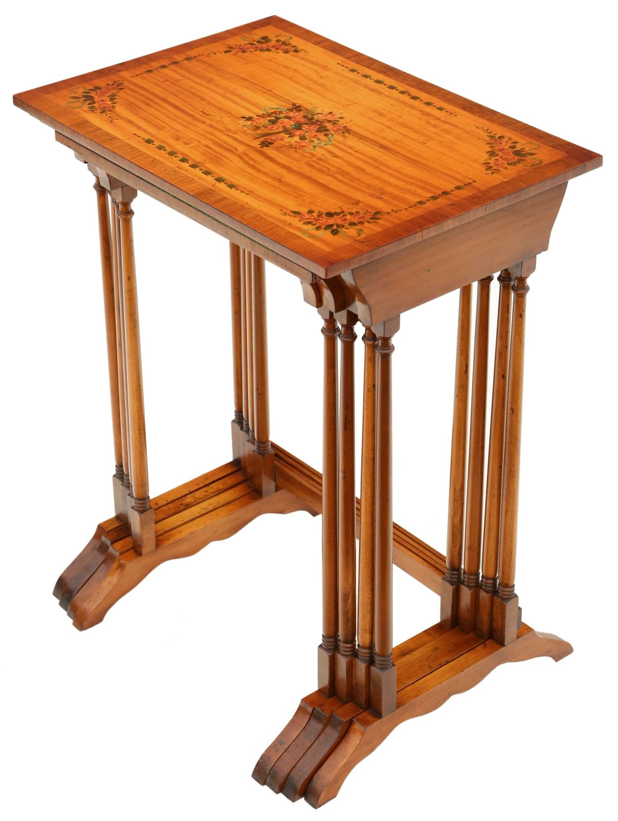 Antique Fine Quality Retro Vintage Decorated Satinwood Nest Of 4 Georgian Revival Tables C1960