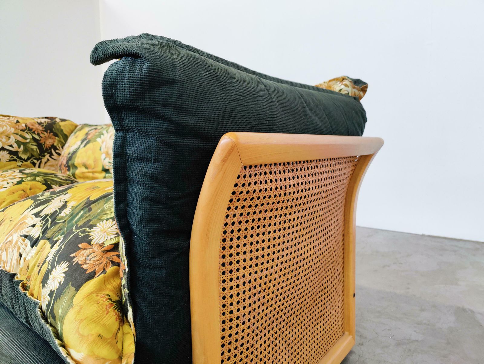 Mid Century Modern Italian Sofa, Rattan And Original Fabric, 1970s photo for sale