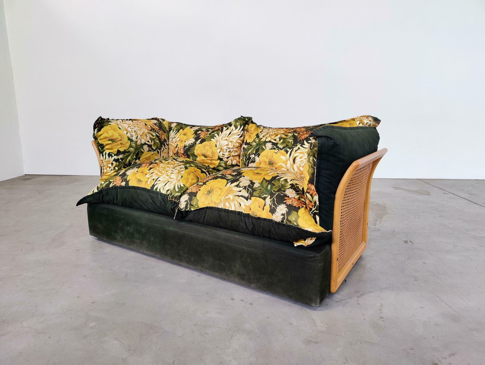 Mid Century Modern Italian Sofa, Rattan And Original Fabric, 1970s photo buy