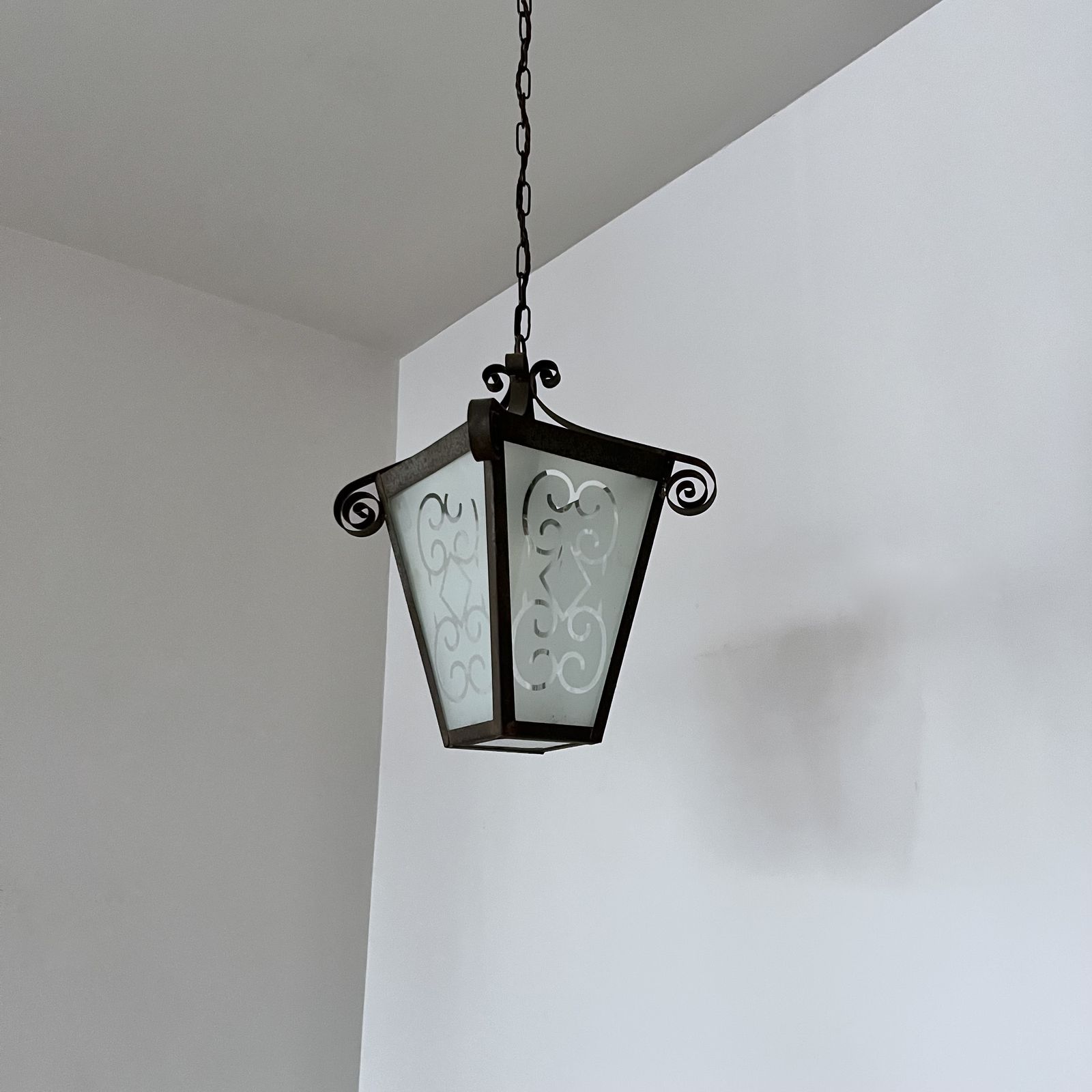 French Wrought Iron Lantern With Etched Frosted Glass photo for sale