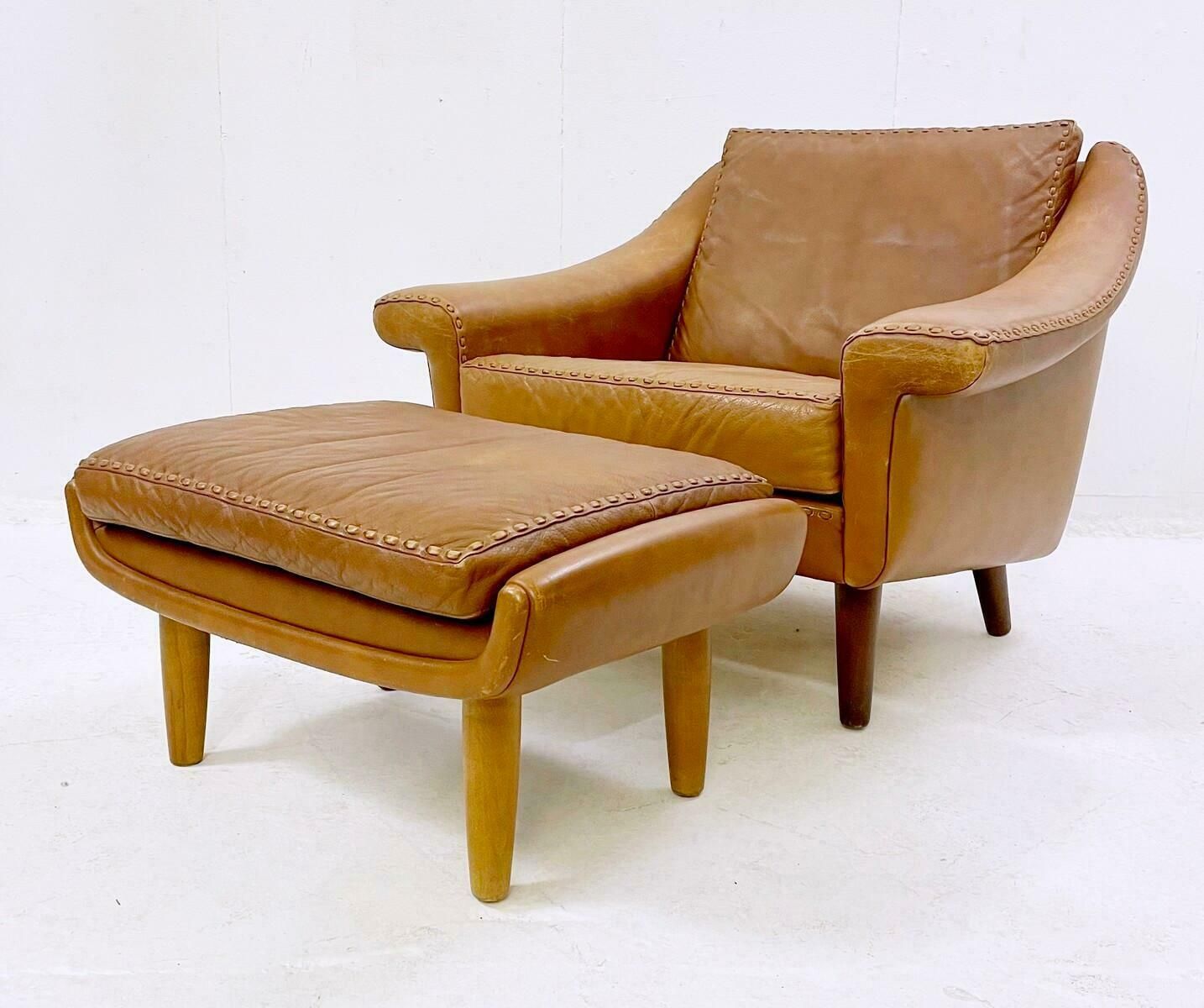 Mid Century Leather Armchair With Ottoman ''''Matador" By Aage Christiansen, 1970 photo for sale