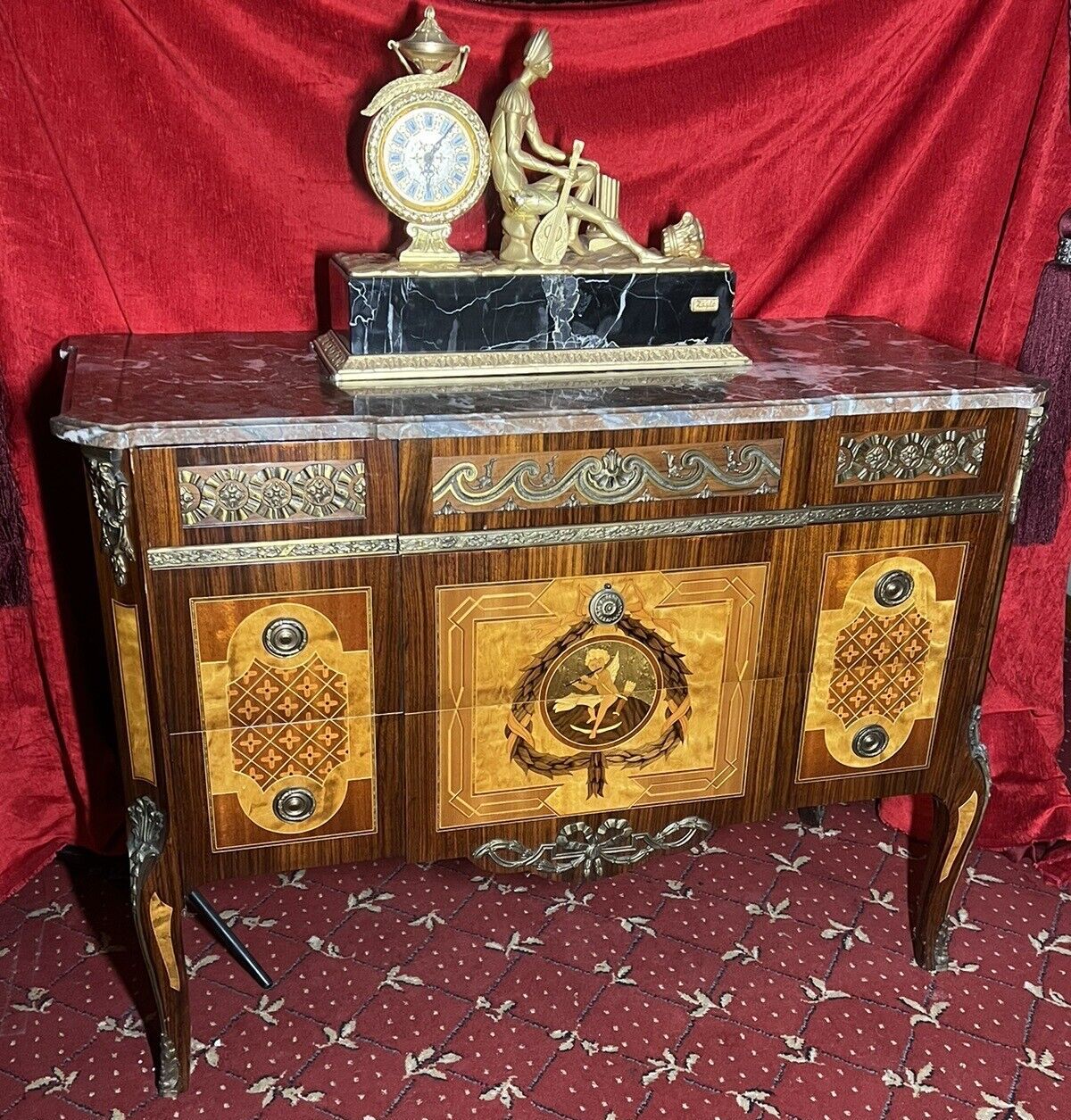 French Régency Ormolu/Marquetry Inlaid Breakfront Marble Top Commode photo buy