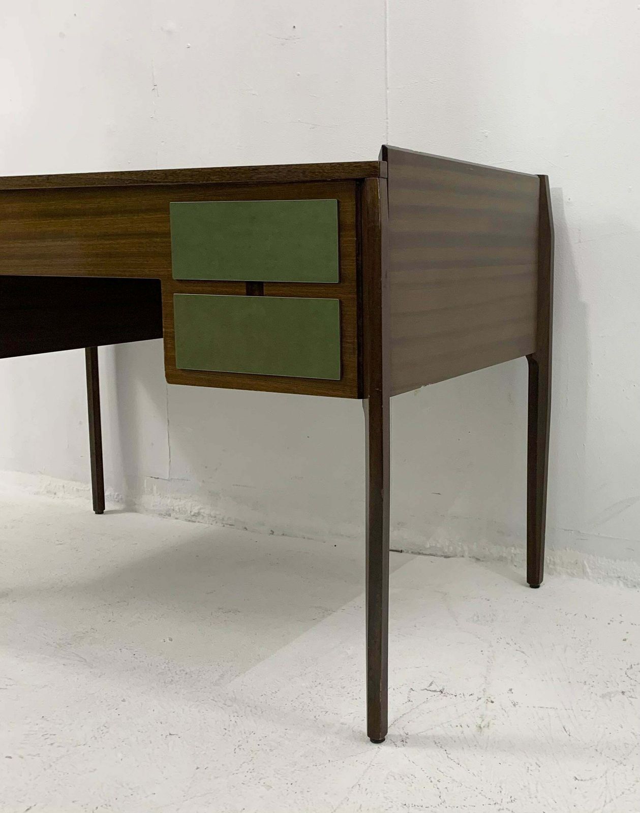 Mid Century Modern Wooden Italian Desk With 4 Green Drawers photo vinterior