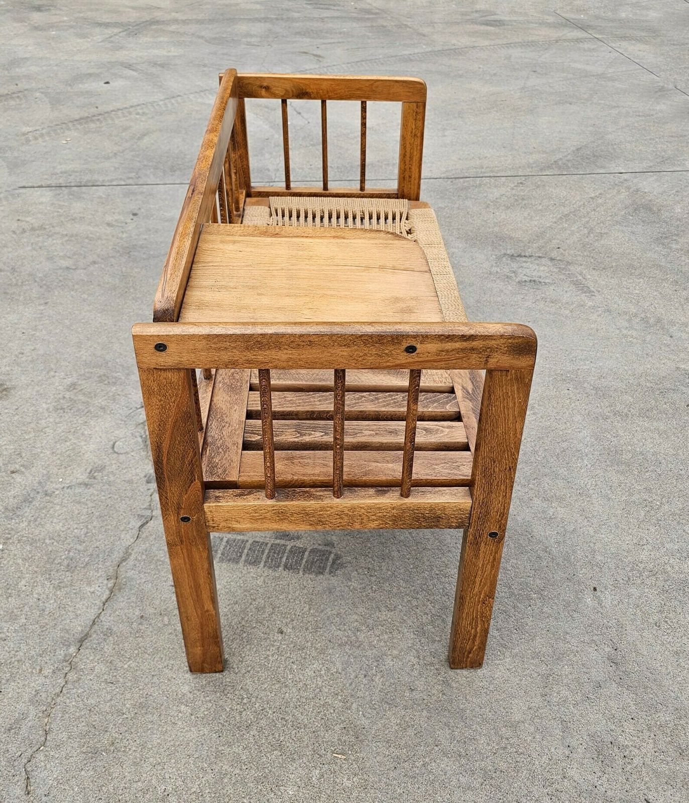 Mid Century Modern Telephone Bench With Danish Paper Cord Seat In Style Of Hans J. Wegner // Gossip Bench // Made In Yugoslavia In 1960s photo for sale