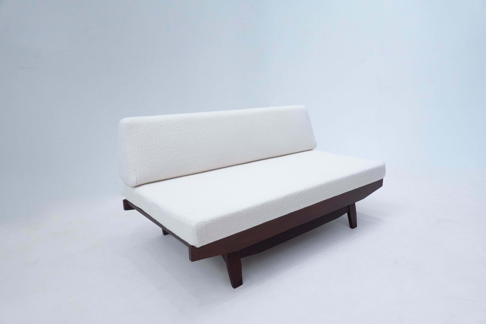 Furniture Mid Century Modern Italian Sofa, White Boucle And Wood, 1960s photo