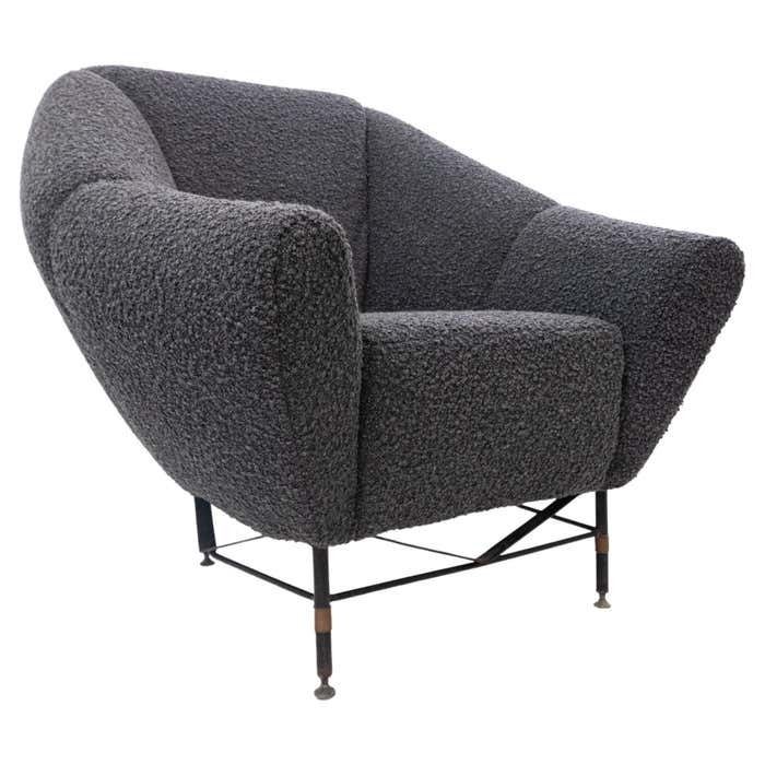 Mid Century Modern Italian Armchair, 1950s  Black Bouclette Fabric