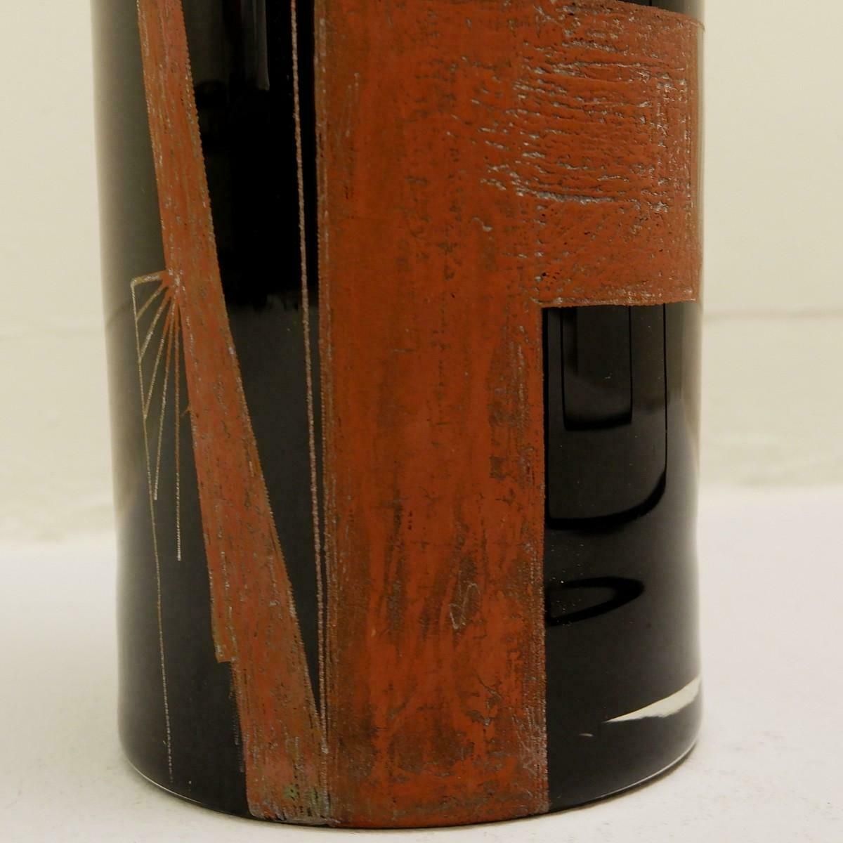 A. Riecke Cylindrical Vase In Black Engraved Glass Signed And Dated photo for sale