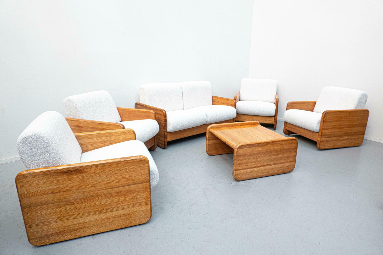 Mid Century Modern Italian Lounge Set, White Boucle And Oak, 1960s photo furniture