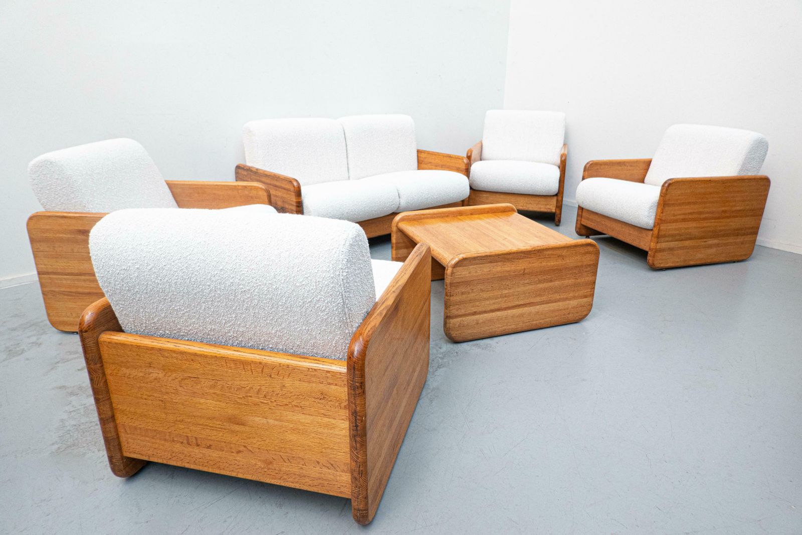 Mid Century Modern Italian Lounge Set, White Boucle And Oak, 1960s photo 16557.0