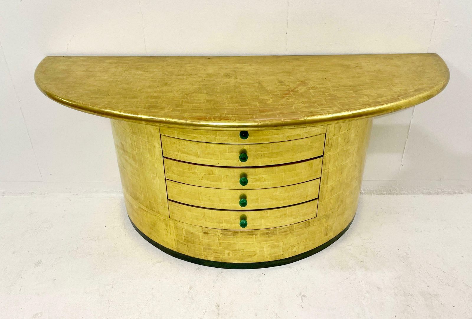 Mid Century Golden Leaves And Malachite Turn Ups Demi Lune Console With Drawers photo for sale