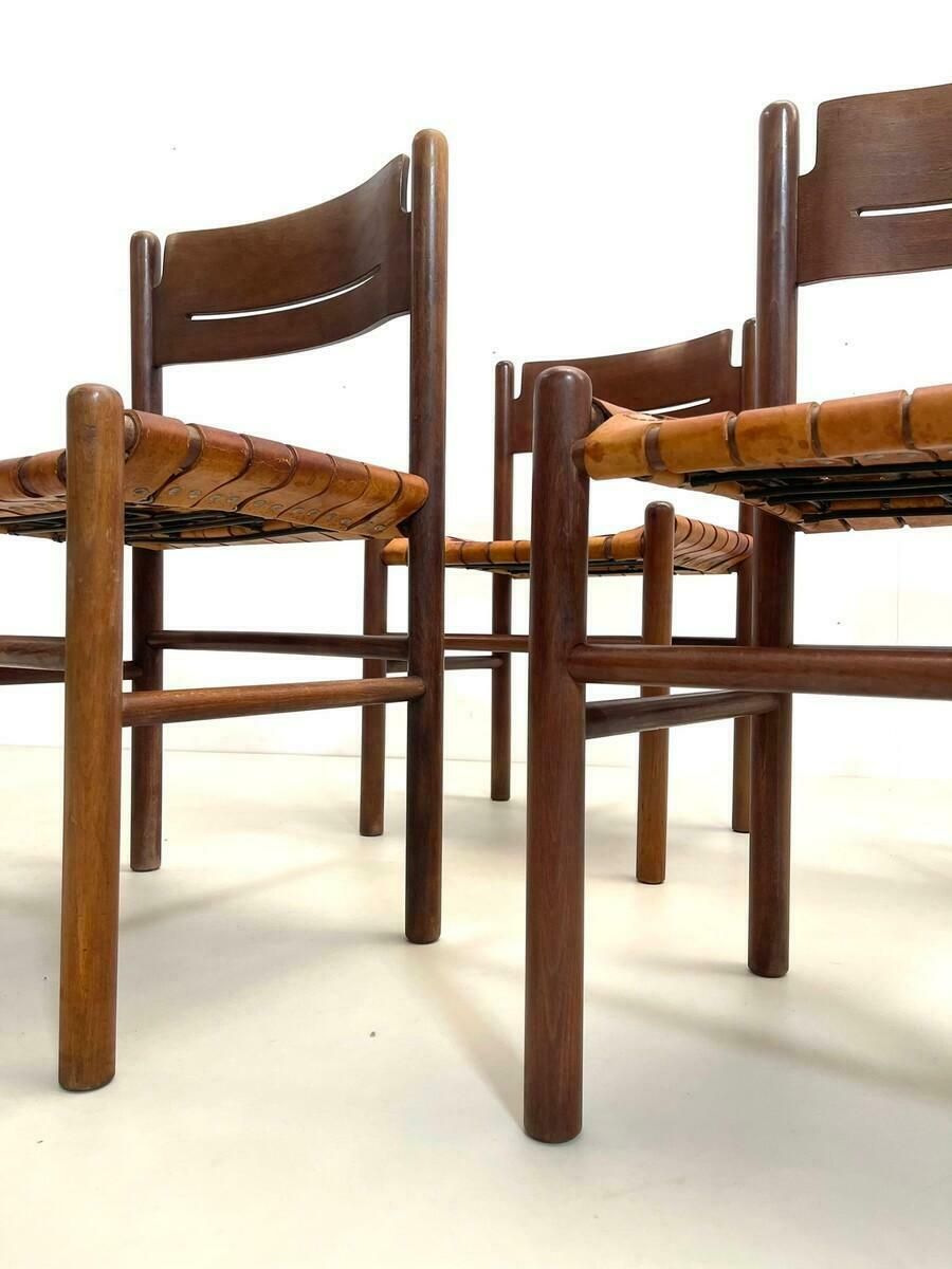 Set Of 4 Mid Century Wood And Leather Dining Chairs, Italy, 1960s photo furniture