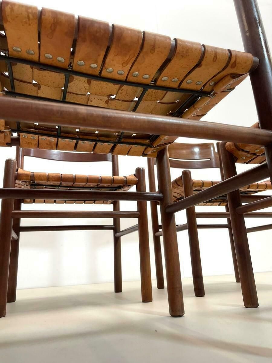 Set Of 4 Mid Century Wood And Leather Dining Chairs, Italy, 1960s photo for sale