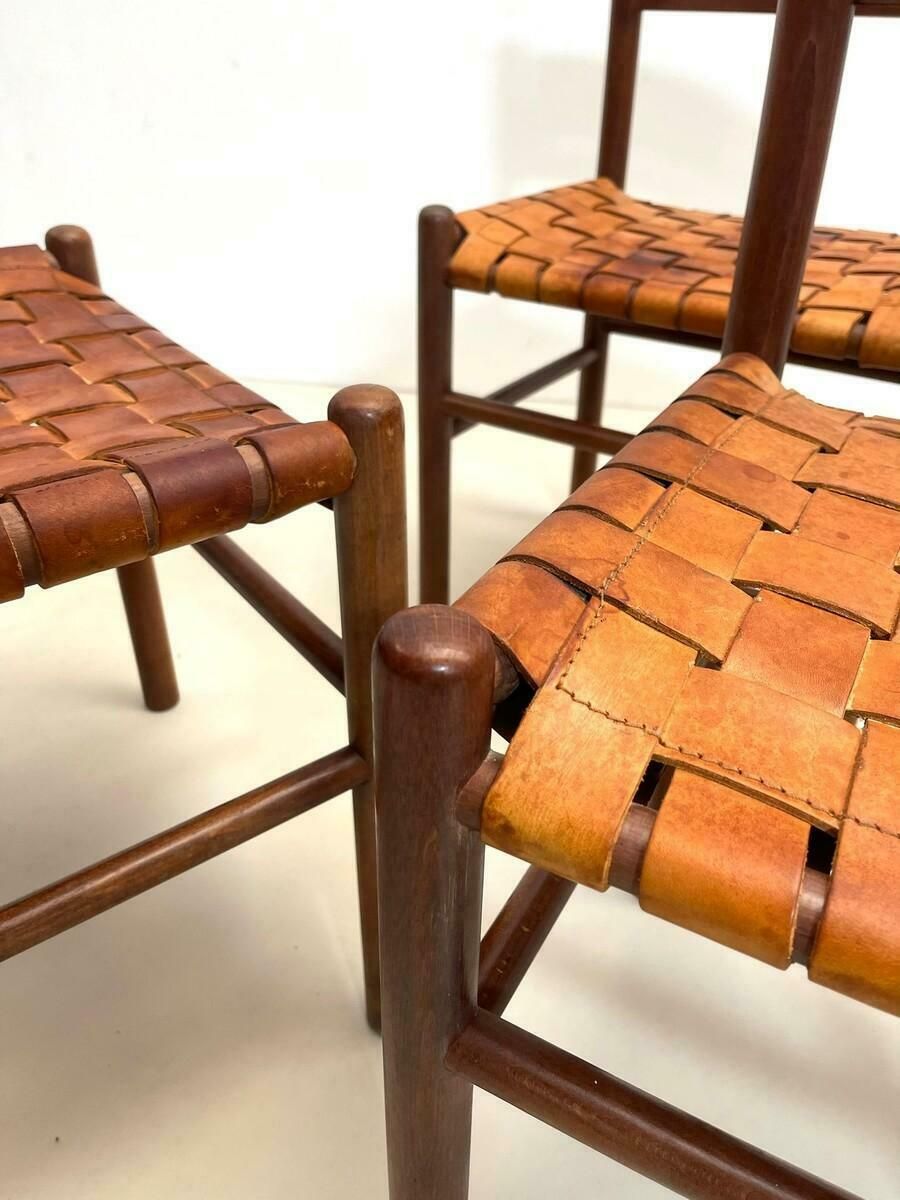 photo furniture Set Of 4 Mid Century Wood And Leather Dining Chairs, Italy, 1960s