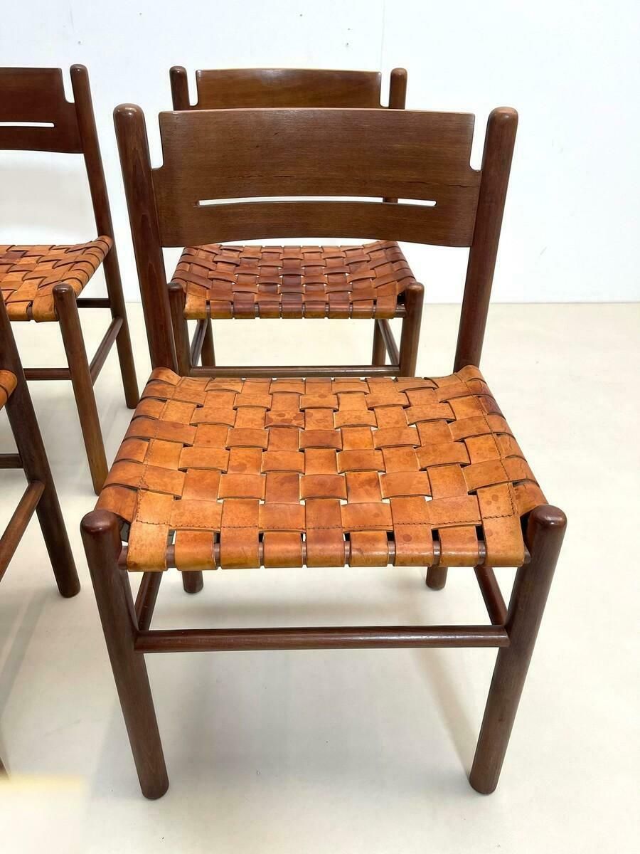 Furniture Set Of 4 Mid Century Wood And Leather Dining Chairs, Italy, 1960s photo