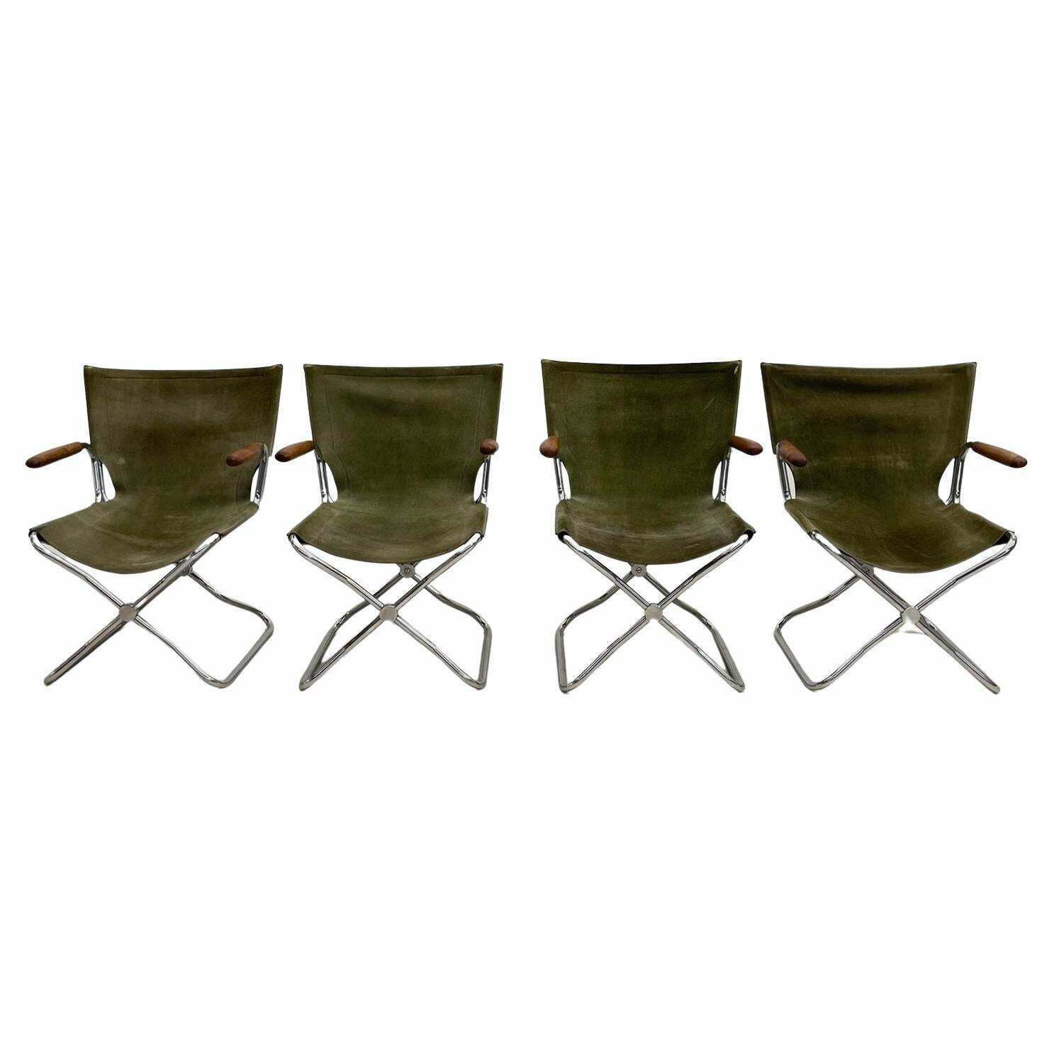 Set Of 4 Mid Century Wood Metal And Green Canvas Folding Armchairs