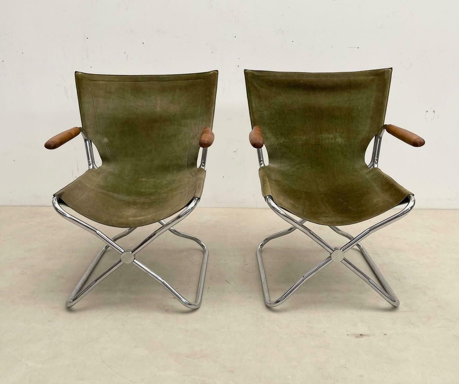 Set Of 4 Mid Century Wood Metal And Green Canvas Folding Armchairs photo vinterior