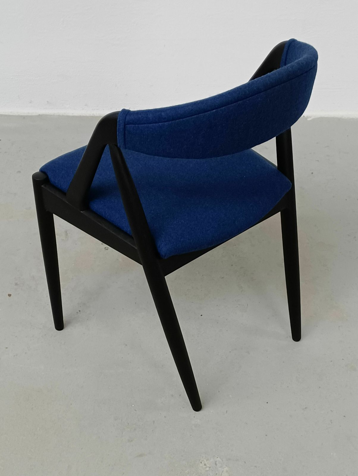 Set Of Eight Fully Restored Kai Kristiansen Dining Chairs In Ebonized Oak And Blue Fabric photo vintage