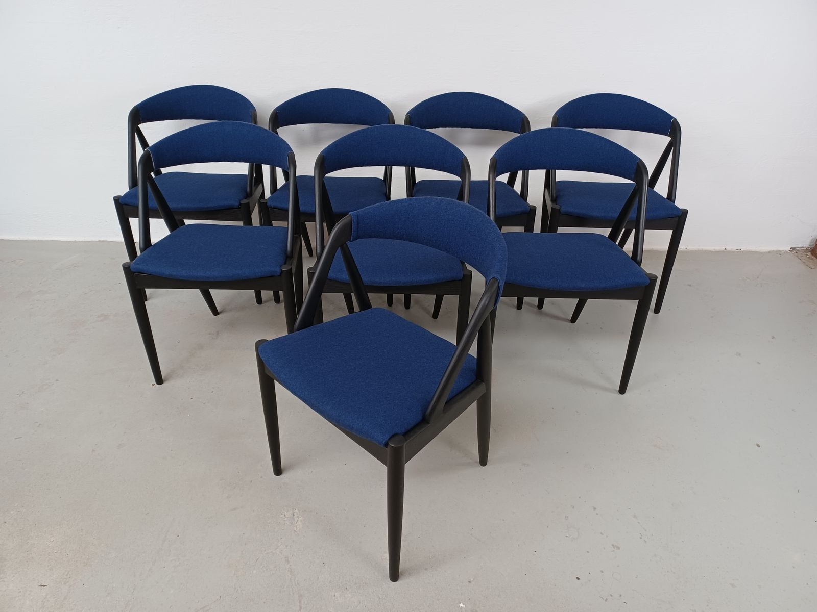 Set Of Eight Fully Restored Kai Kristiansen Dining Chairs In Ebonized Oak And Blue Fabric