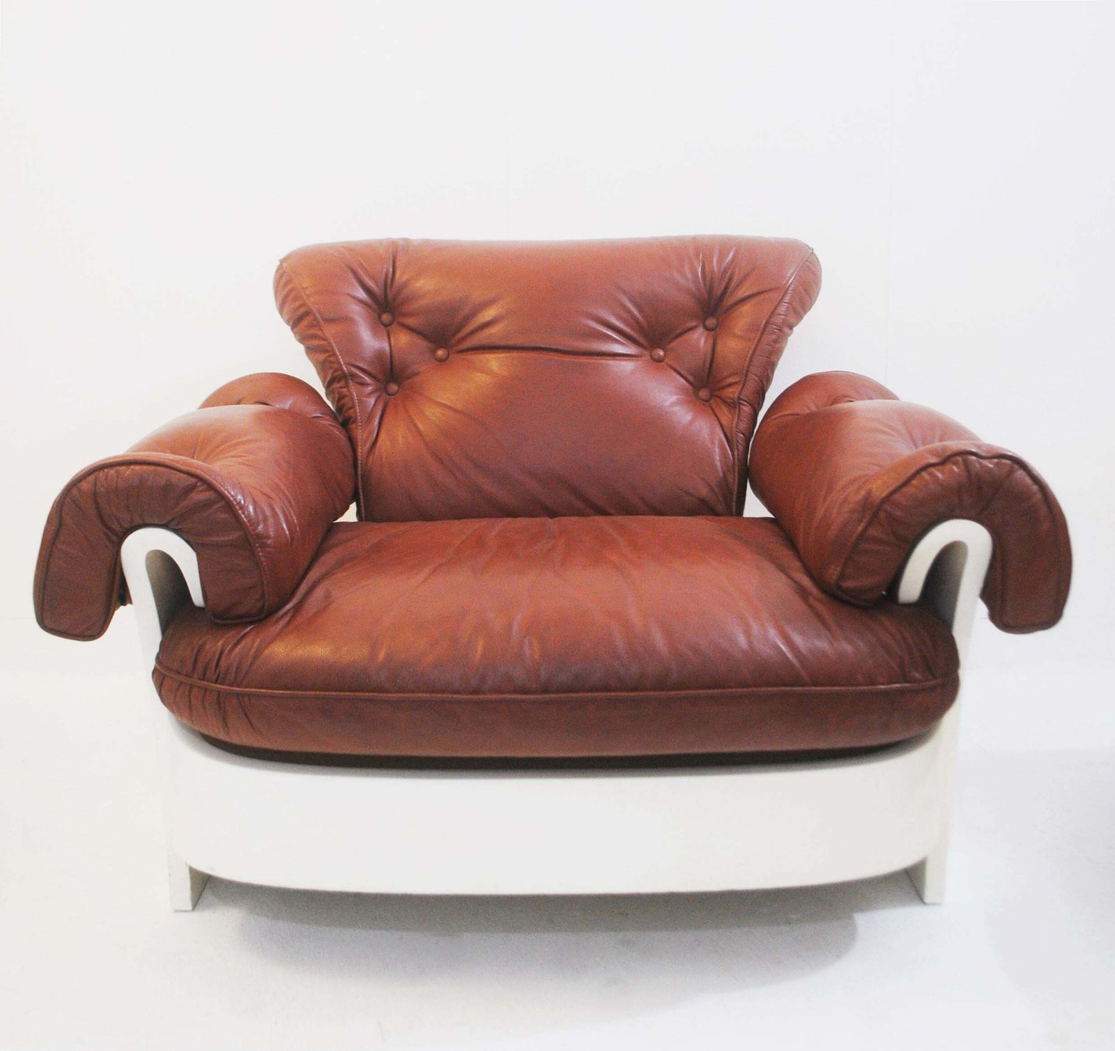 Set Of 3 Armchairs In Leather And Lacquered Wood, Italy, Circa 1980s photo for sale