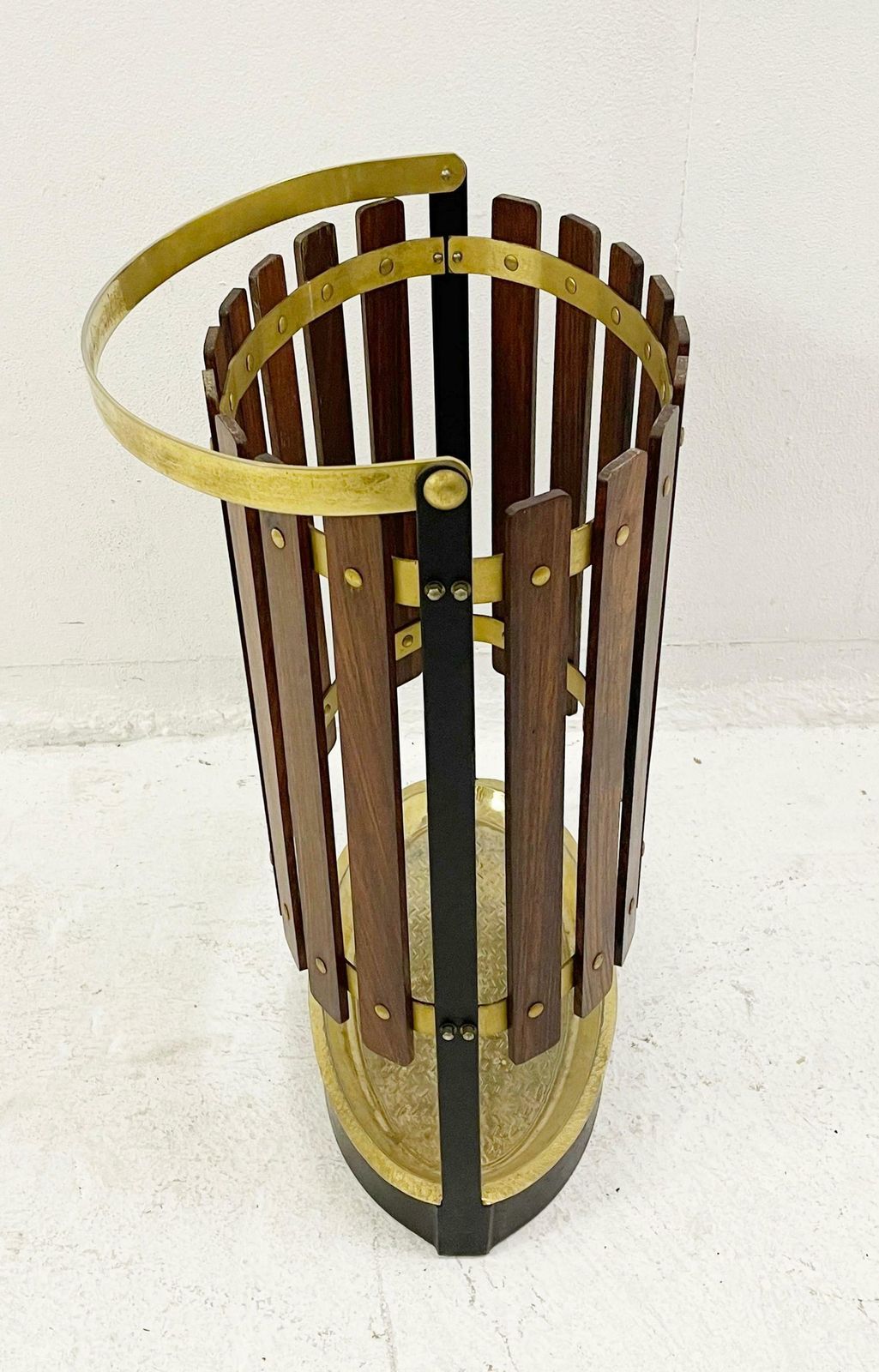 Mid Century Wood And Brass Umbrella Stand, Italy 1950s photo furniture