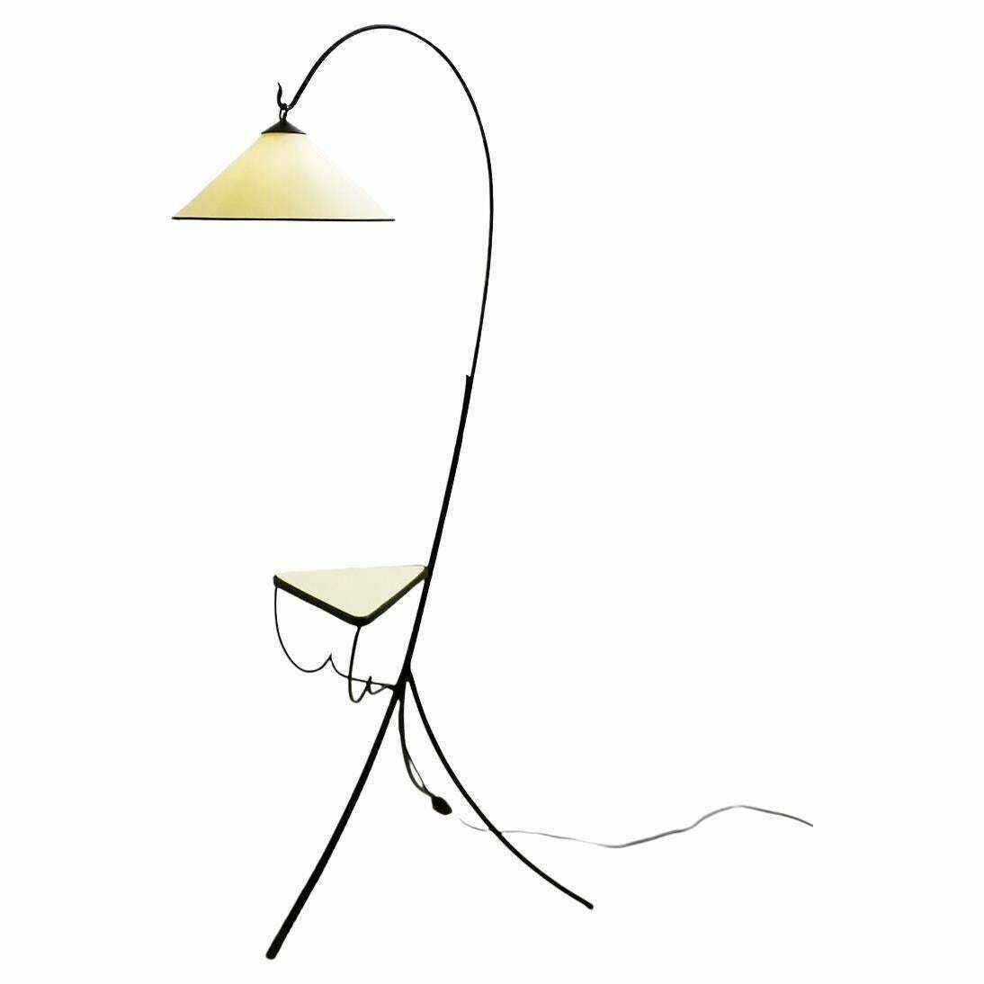 Mid Century Wrought Iron Tripod Floor Lamp With Shelf, Italy, 1960s